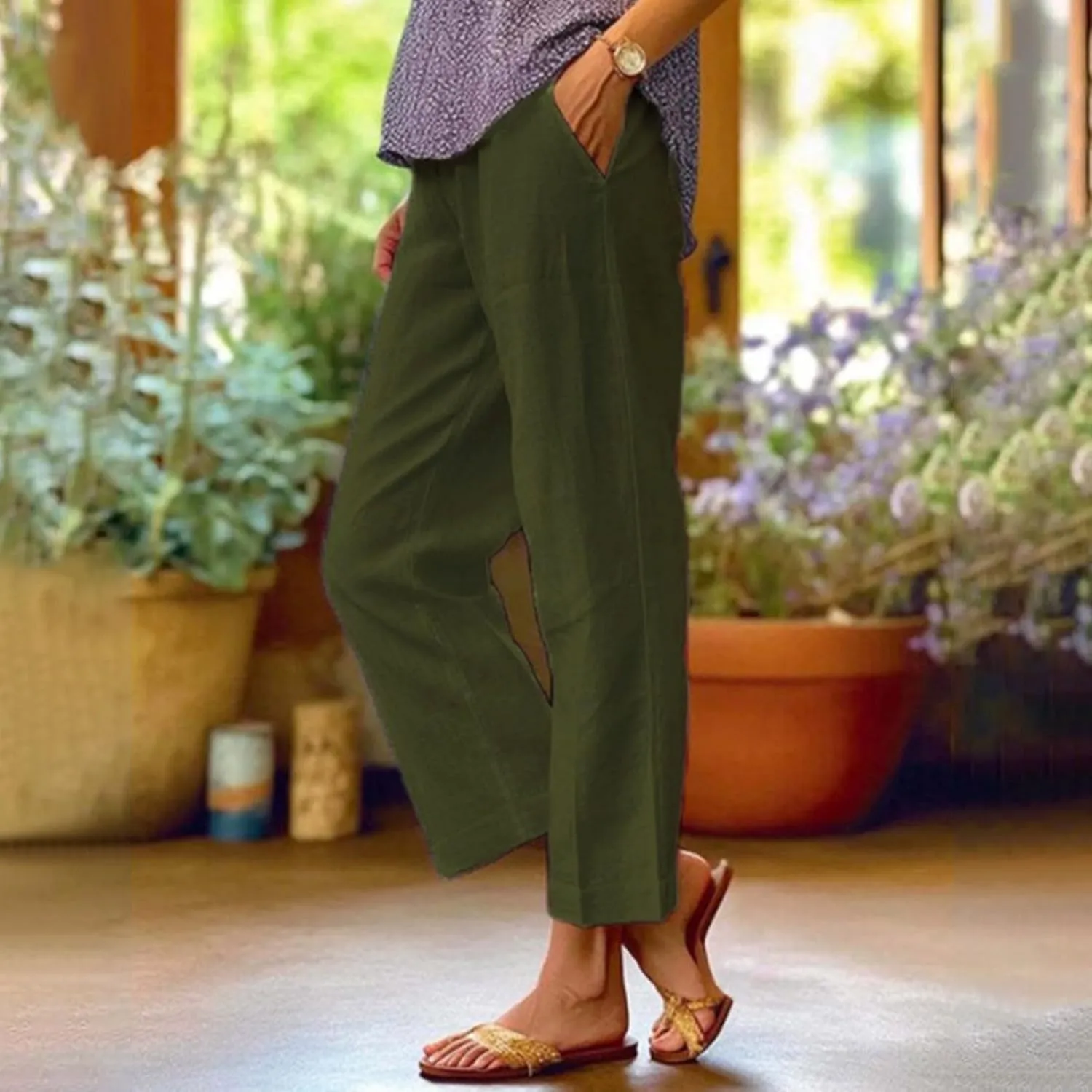 Womens Cotton Linen Pants 2025 Trendy Loose Fit Hight Elastic Waist Lightweight Summer Wide Leg Trousers with Pockets