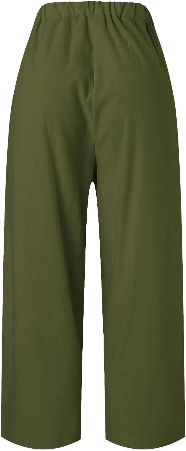 Womens Cotton Linen Pants 2025 Trendy Loose Fit Hight Elastic Waist Lightweight Summer Wide Leg Trousers with Pockets