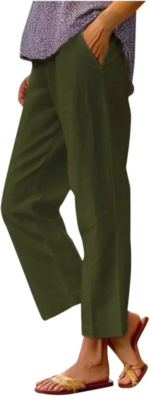 Womens Cotton Linen Pants 2025 Trendy Loose Fit Hight Elastic Waist Lightweight Summer Wide Leg Trousers with Pockets