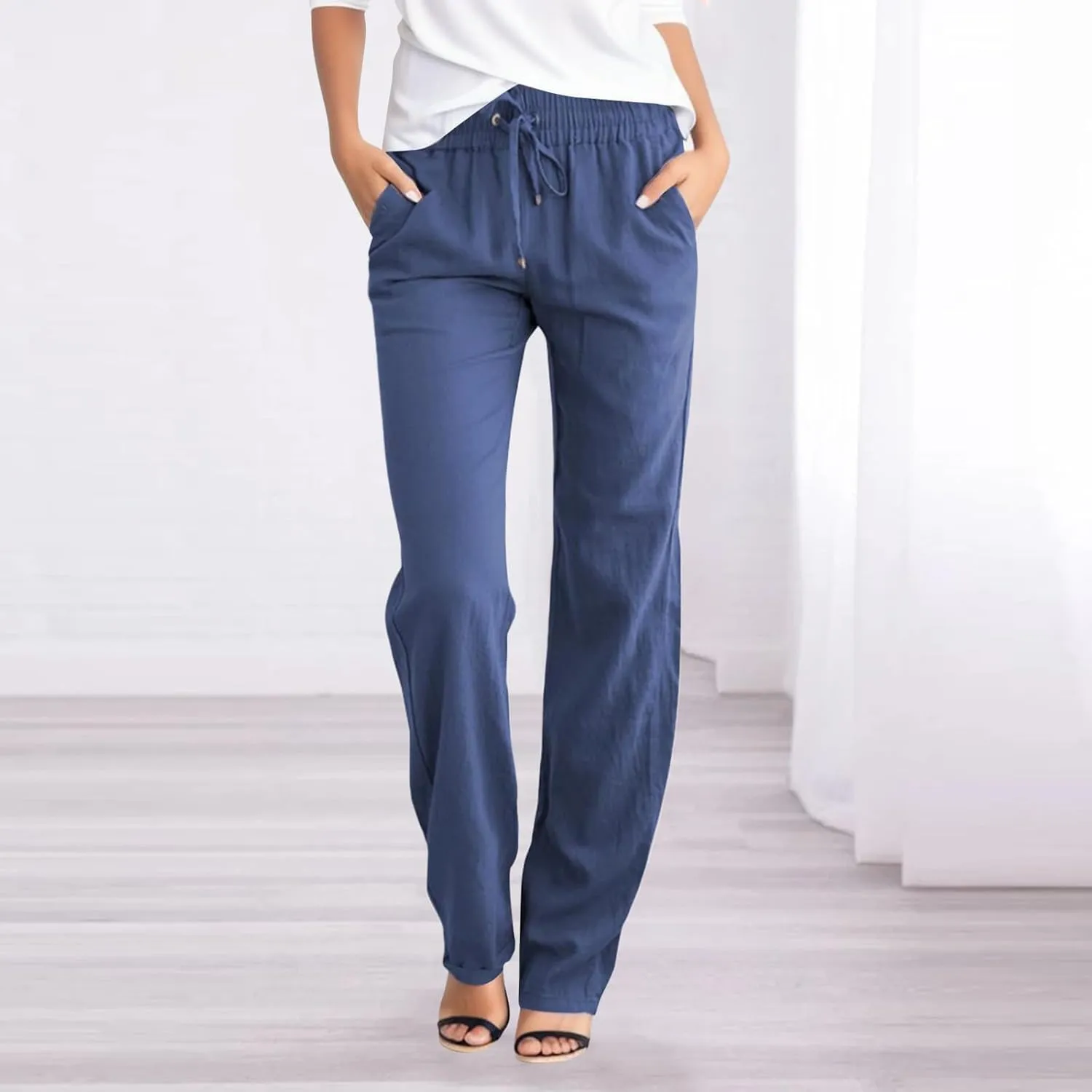 Women's Cotton Linen Pants Casual Loose Drawstring Elastic Waist Summer Beach Pants Lightweight Lounge Trouser Pockets