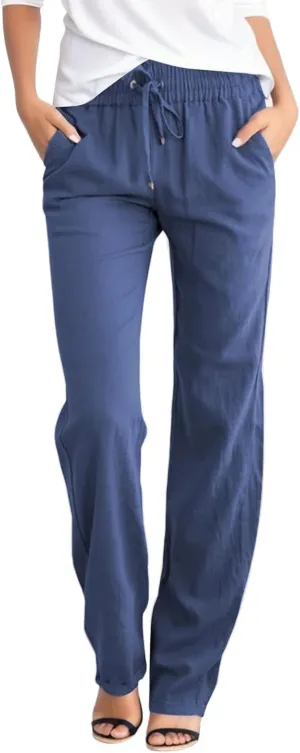 Women's Cotton Linen Pants Casual Loose Drawstring Elastic Waist Summer Beach Pants Lightweight Lounge Trouser Pockets
