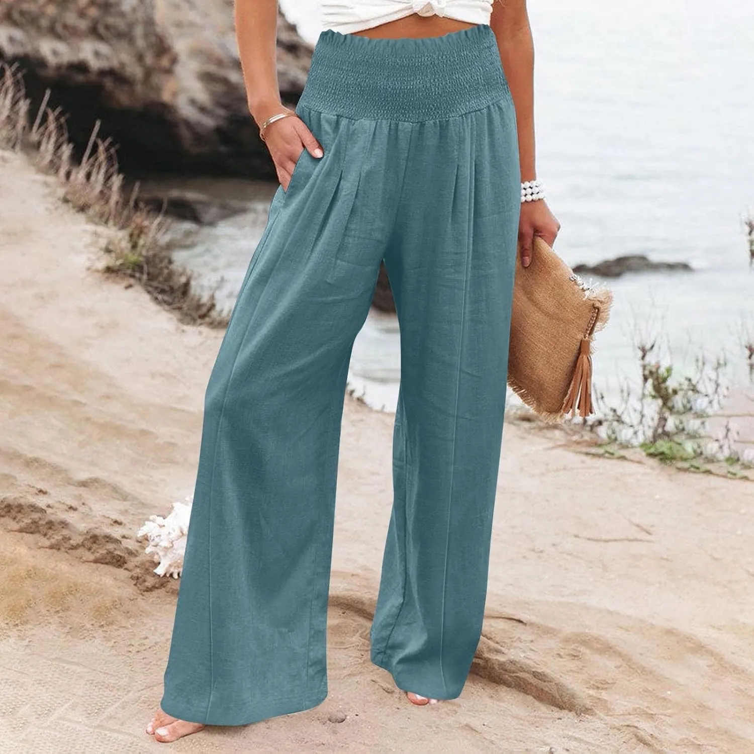 Women's Cotton Linen Summer Casual Loose Pants Elastic Waist Straight Loose Fit Trouser Office