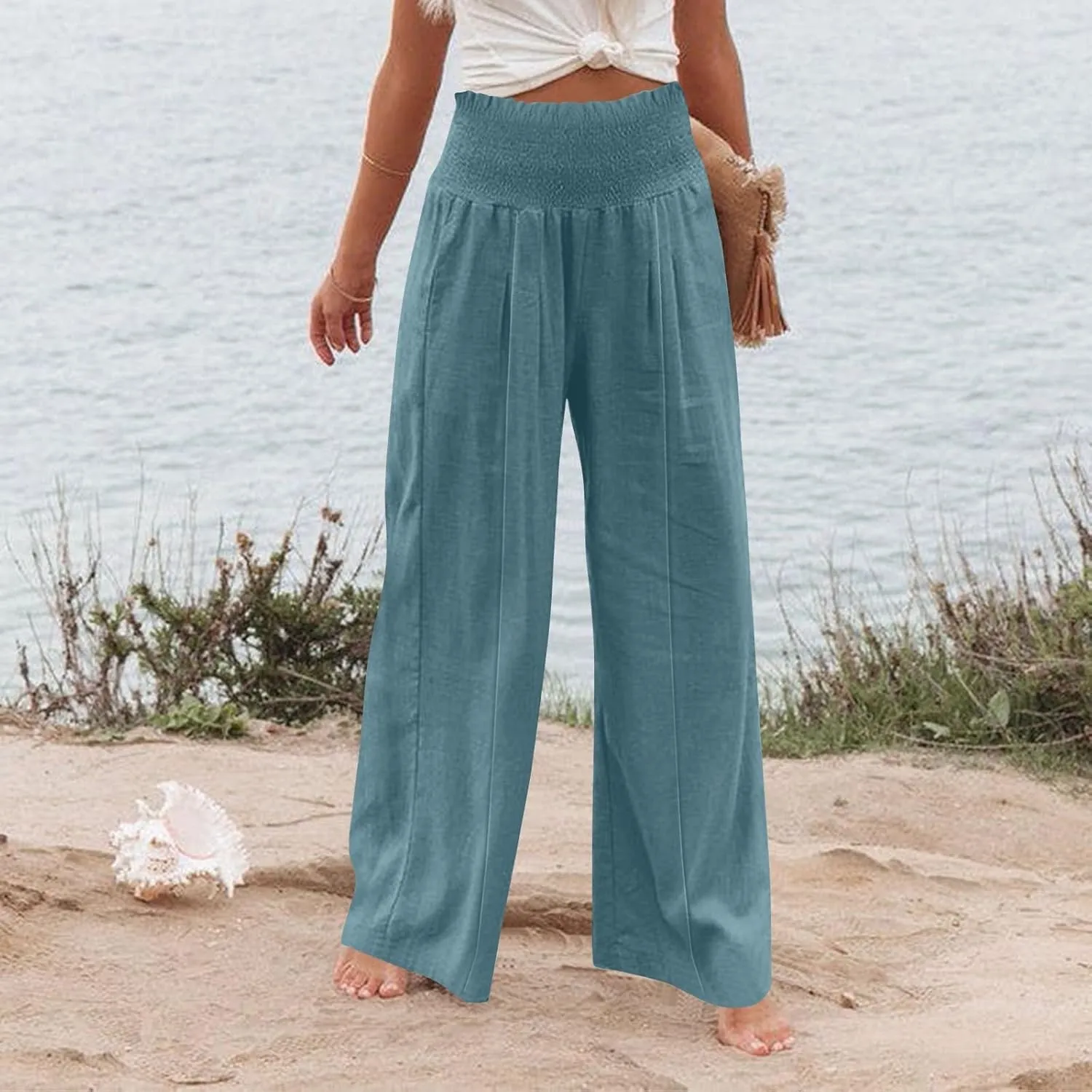 Women's Cotton Linen Summer Casual Loose Pants Elastic Waist Straight Loose Fit Trouser Office