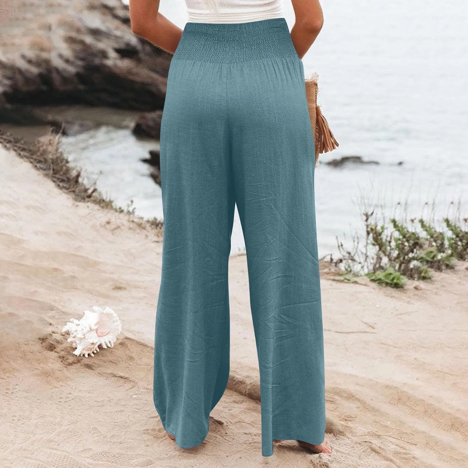Women's Cotton Linen Summer Casual Loose Pants Elastic Waist Straight Loose Fit Trouser Office