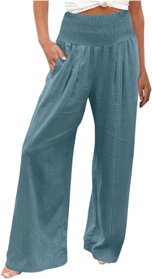 Women's Cotton Linen Summer Casual Loose Pants Elastic Waist Straight Loose Fit Trouser Office