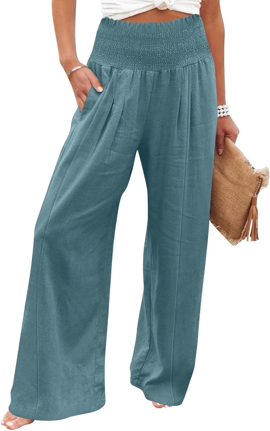 Women's Cotton Linen Summer Casual Loose Pants Elastic Waist Straight Loose Fit Trouser Office