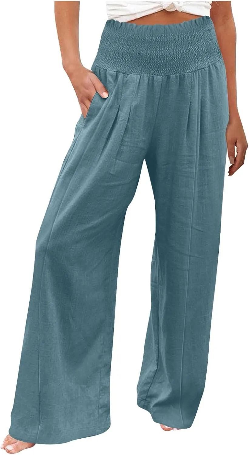 Women's Cotton Linen Summer Casual Loose Pants Elastic Waist Straight Loose Fit Trouser Office