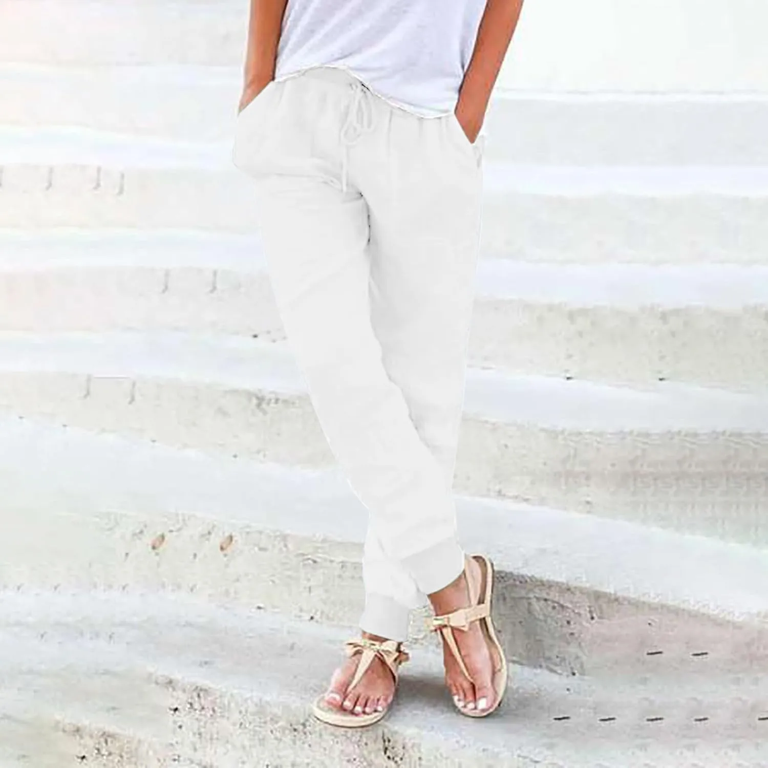 Womens Cotton Linen Tapered Pants Summer Drawstring Elastic Waist Pants Casual Trousers with Pockets