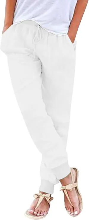 Womens Cotton Linen Tapered Pants Summer Drawstring Elastic Waist Pants Casual Trousers with Pockets