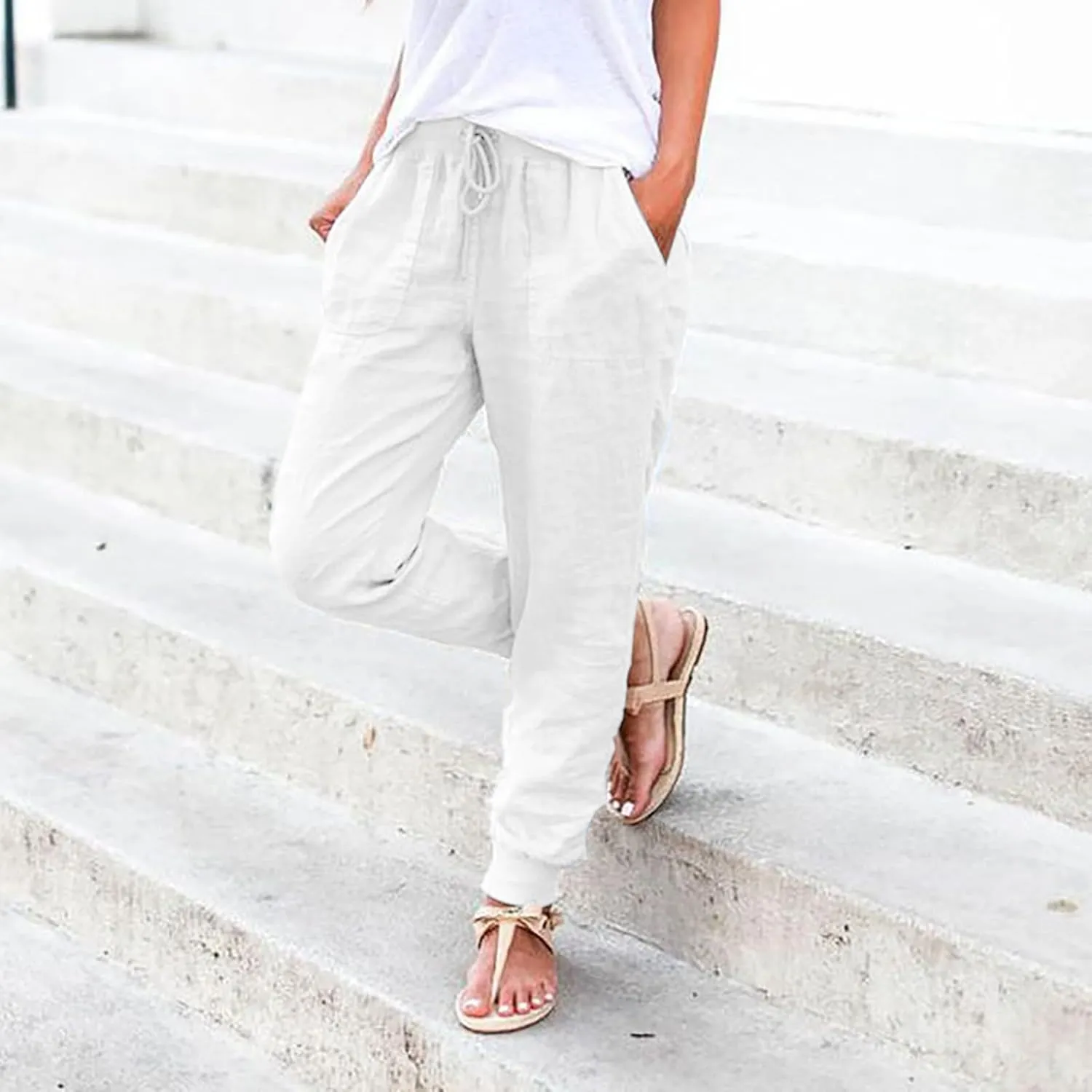 Womens Cotton Linen Tapered Pants Summer Drawstring Elastic Waist Pants Casual Trousers with Pockets