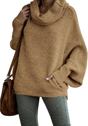 Womens Cowl Neck Pullover Sweaters with Pockets Lantern Long Sleeve Knit Casual Loose Bat Tunic Jumper Tops