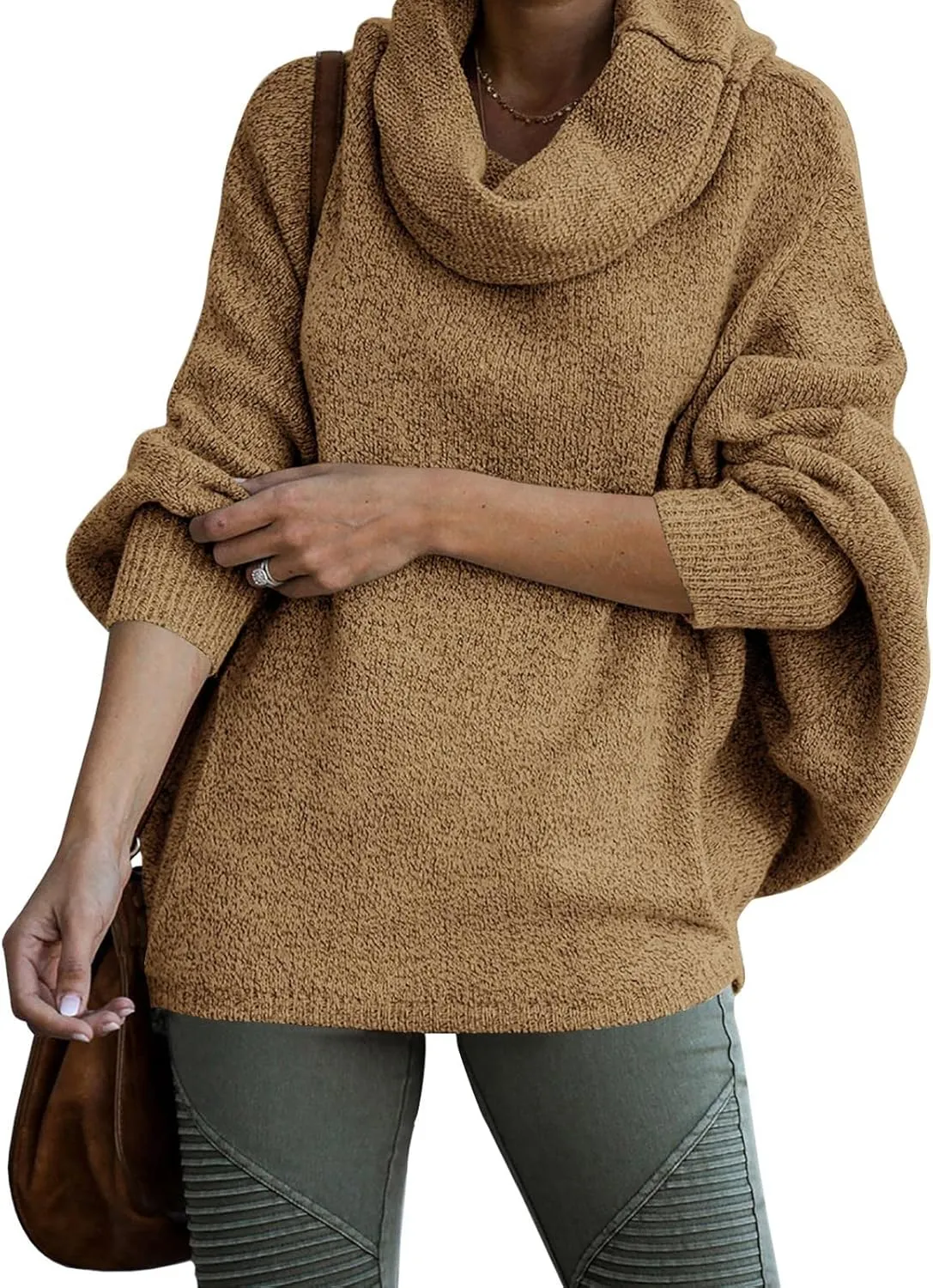 Womens Cowl Neck Pullover Sweaters with Pockets Lantern Long Sleeve Knit Casual Loose Bat Tunic Jumper Tops