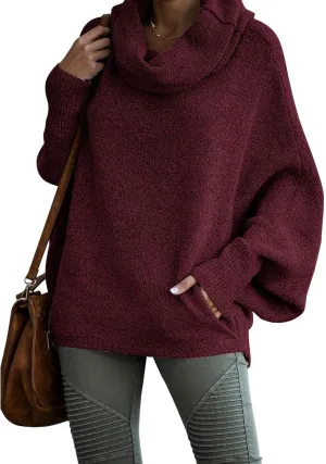 Womens Cowl Neck Pullover Sweaters with Pockets Lantern Long Sleeve Knit Casual Loose Bat Tunic Jumper Tops