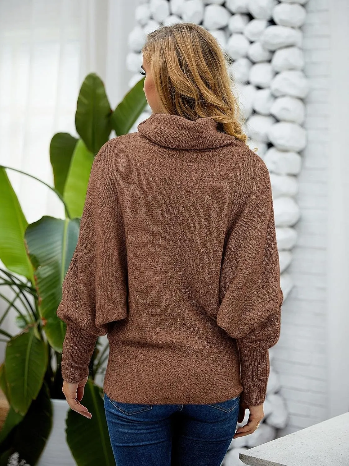 Womens Cowl Neck Pullover Sweaters with Pockets Lantern Long Sleeve Knit Casual Loose Bat Tunic Jumper Tops