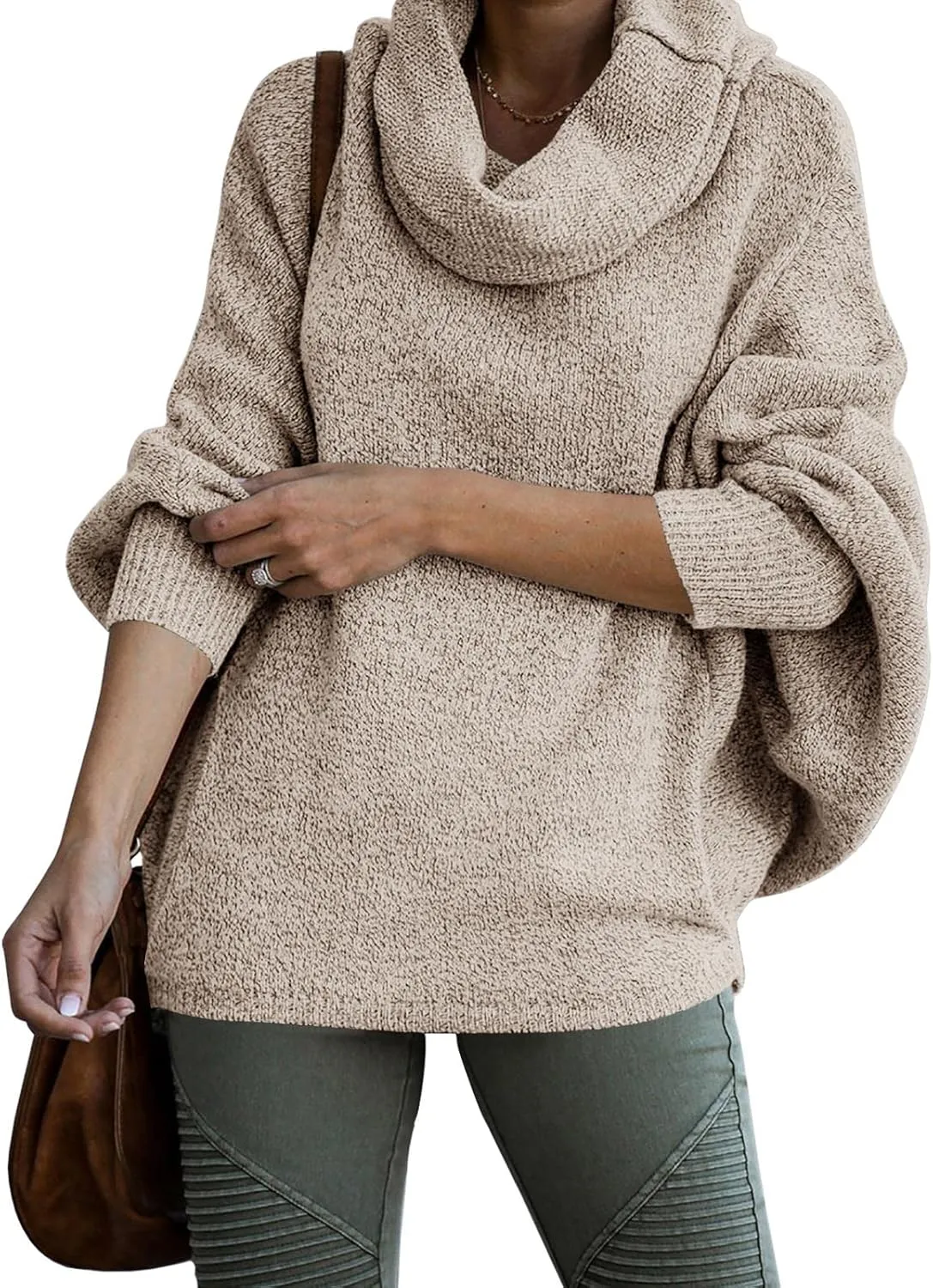 Womens Cowl Neck Pullover Sweaters with Pockets Lantern Long Sleeve Knit Casual Loose Bat Tunic Jumper Tops