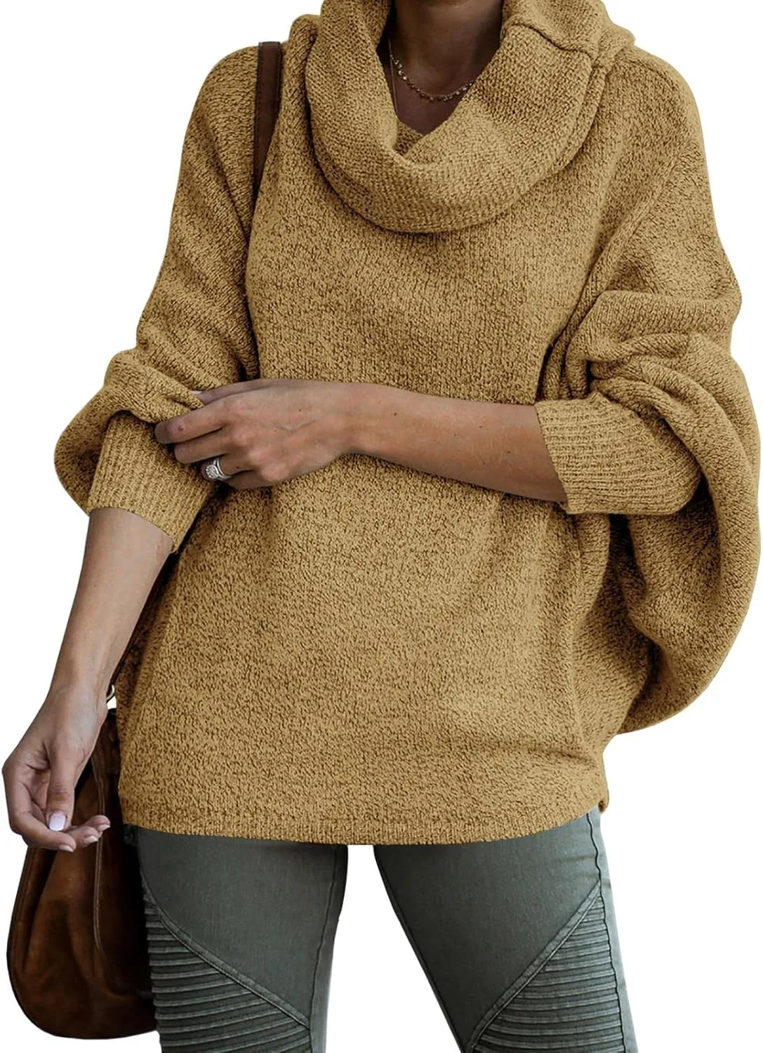 Womens Cowl Neck Pullover Sweaters with Pockets Lantern Long Sleeve Knit Casual Loose Bat Tunic Jumper Tops