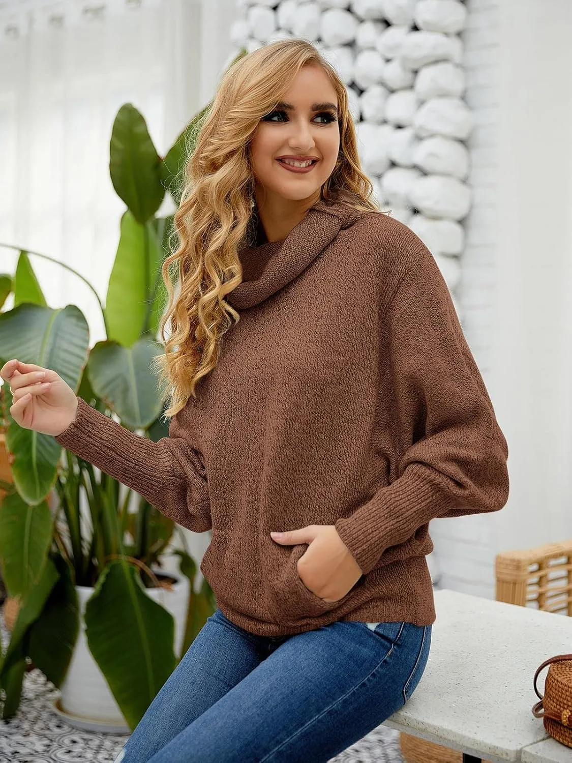 Womens Cowl Neck Pullover Sweaters with Pockets Lantern Long Sleeve Knit Casual Loose Bat Tunic Jumper Tops