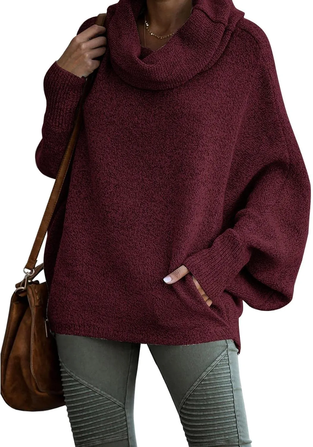 Womens Cowl Neck Pullover Sweaters with Pockets Lantern Long Sleeve Knit Casual Loose Bat Tunic Jumper Tops