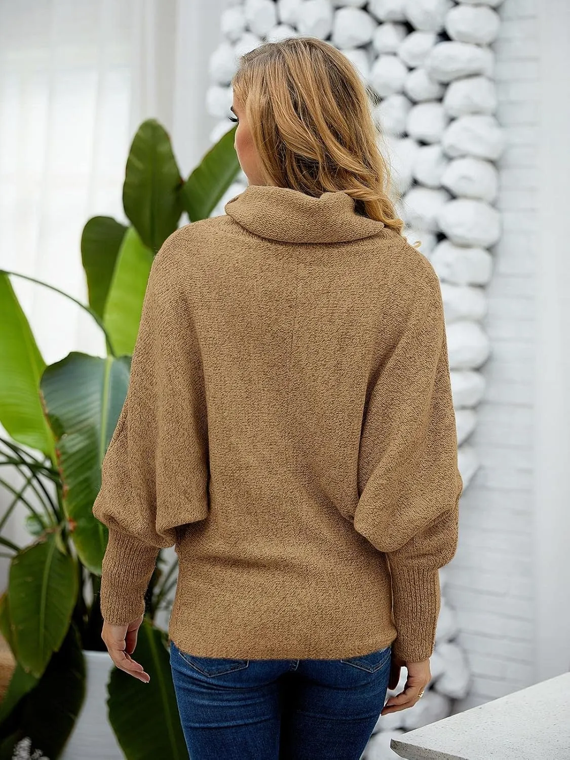 Womens Cowl Neck Pullover Sweaters with Pockets Lantern Long Sleeve Knit Casual Loose Bat Tunic Jumper Tops