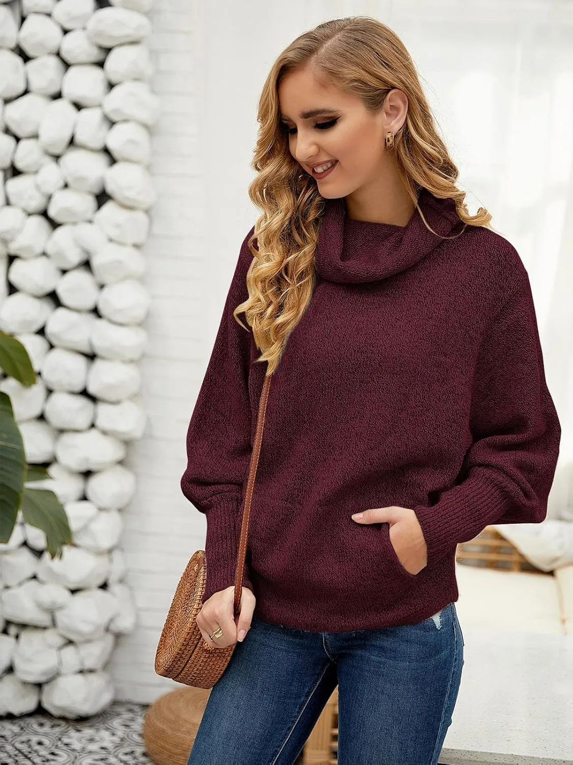 Womens Cowl Neck Pullover Sweaters with Pockets Lantern Long Sleeve Knit Casual Loose Bat Tunic Jumper Tops