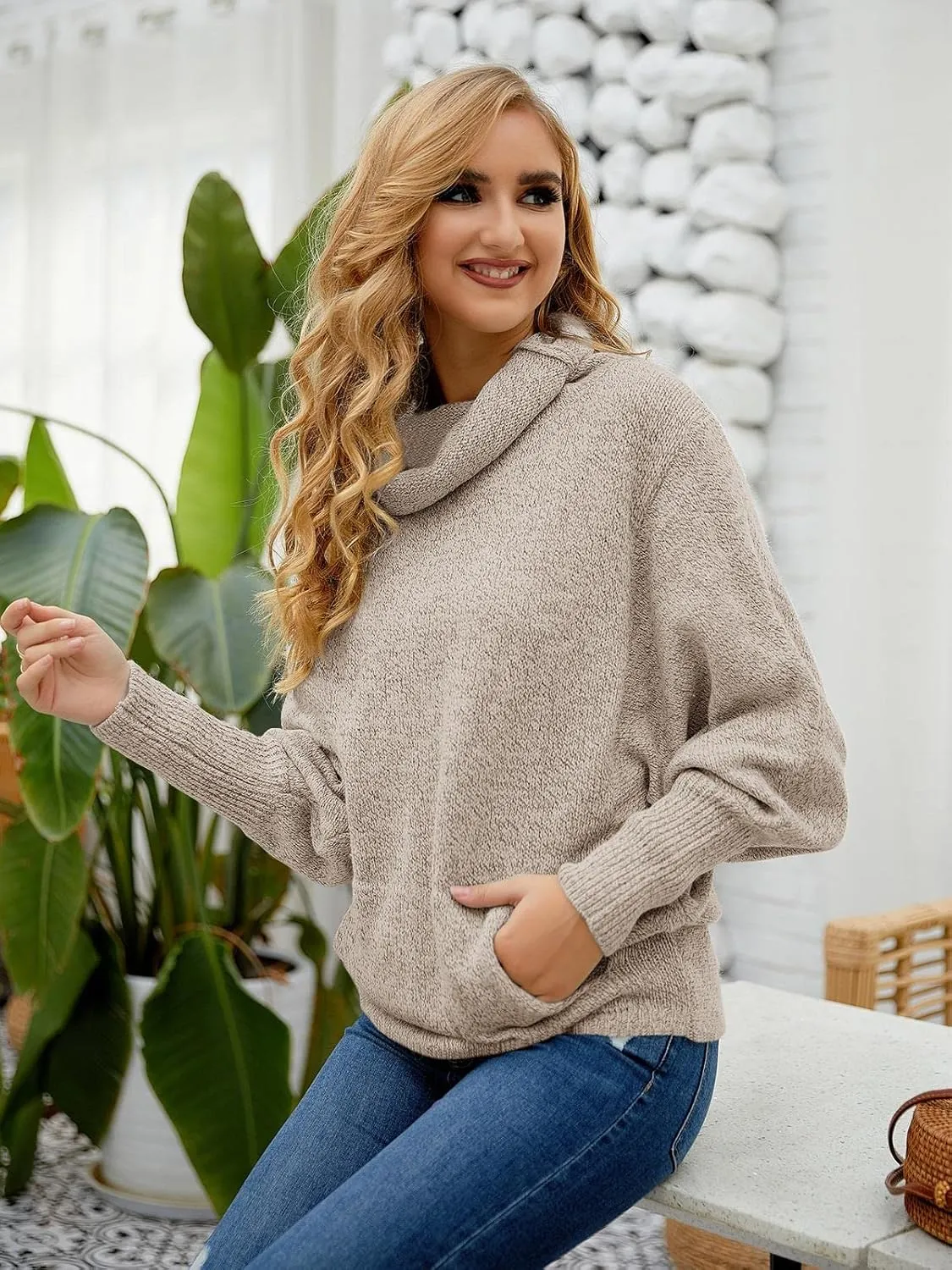Womens Cowl Neck Pullover Sweaters with Pockets Lantern Long Sleeve Knit Casual Loose Bat Tunic Jumper Tops