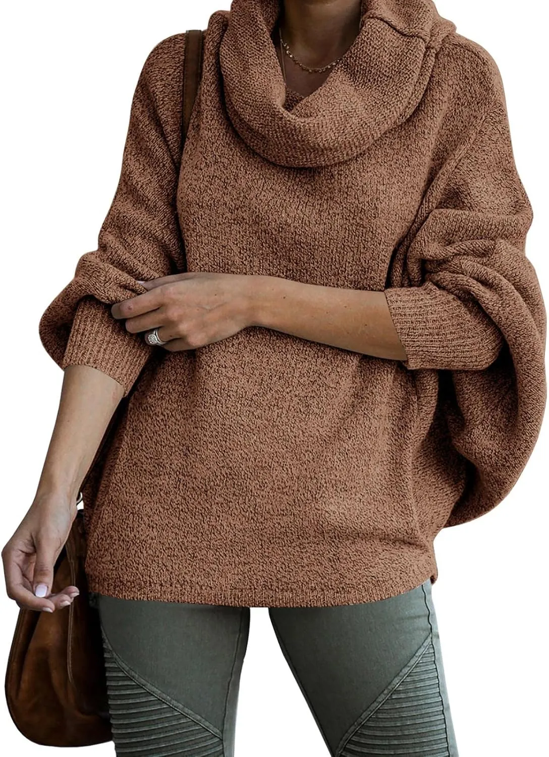 Womens Cowl Neck Pullover Sweaters with Pockets Lantern Long Sleeve Knit Casual Loose Bat Tunic Jumper Tops