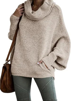 Womens Cowl Neck Pullover Sweaters with Pockets Lantern Long Sleeve Knit Casual Loose Bat Tunic Jumper Tops