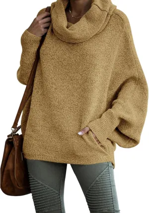 Womens Cowl Neck Pullover Sweaters with Pockets Lantern Long Sleeve Knit Casual Loose Bat Tunic Jumper Tops