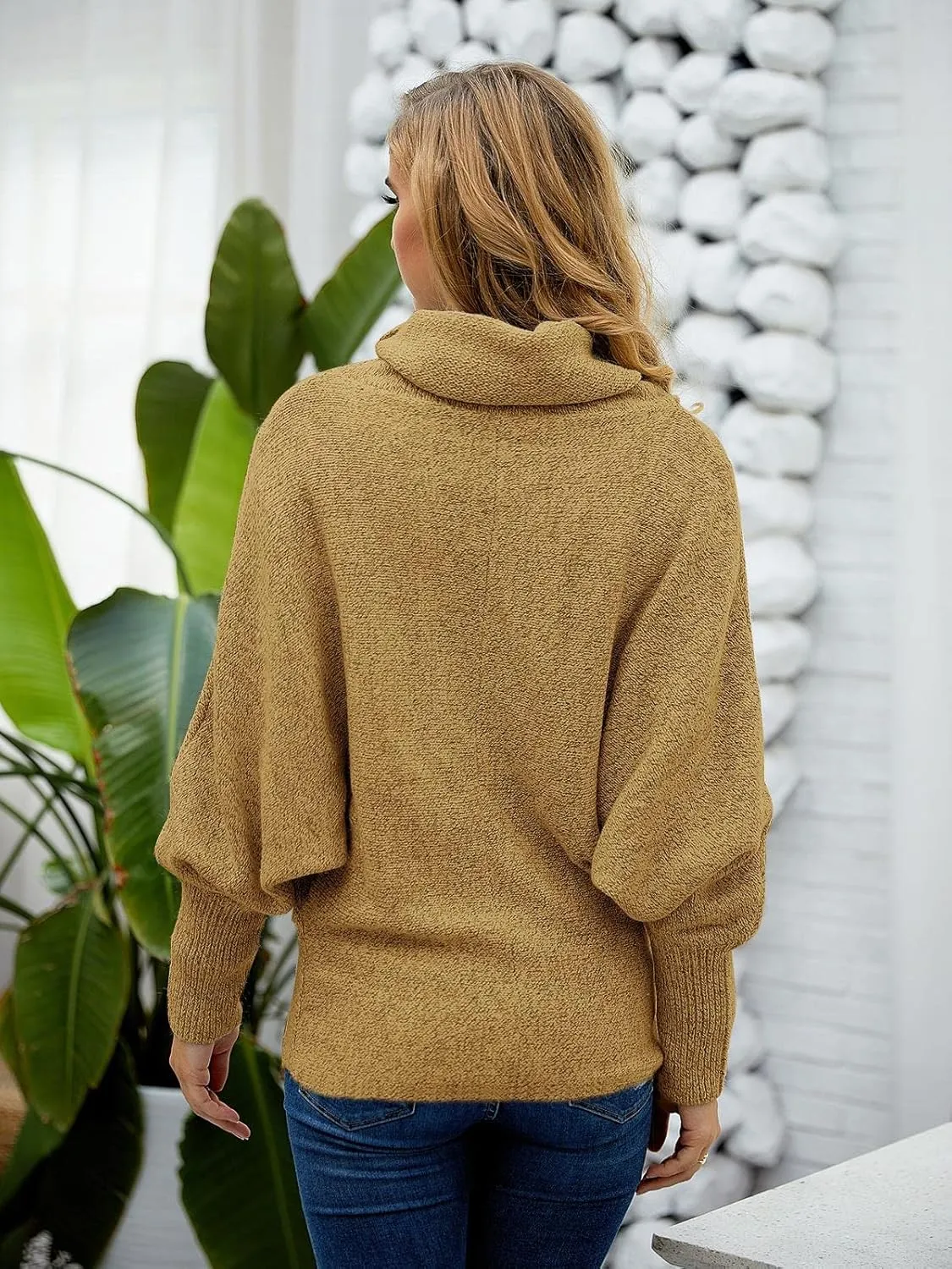Womens Cowl Neck Pullover Sweaters with Pockets Lantern Long Sleeve Knit Casual Loose Bat Tunic Jumper Tops