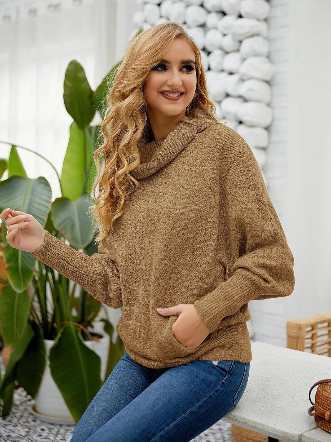 Womens Cowl Neck Pullover Sweaters with Pockets Lantern Long Sleeve Knit Casual Loose Bat Tunic Jumper Tops