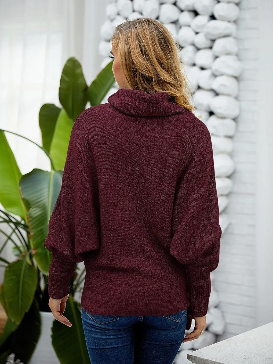 Womens Cowl Neck Pullover Sweaters with Pockets Lantern Long Sleeve Knit Casual Loose Bat Tunic Jumper Tops