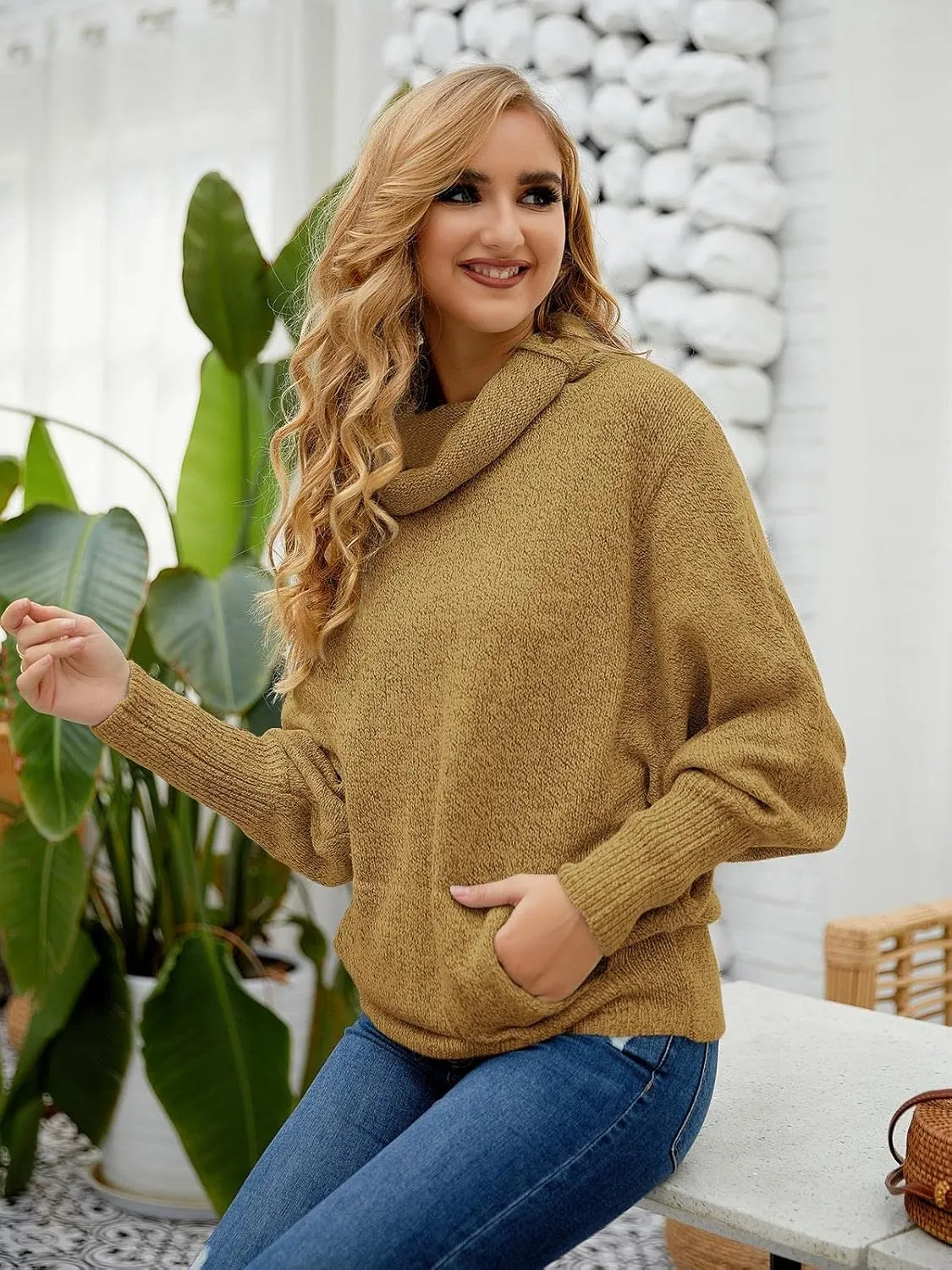 Womens Cowl Neck Pullover Sweaters with Pockets Lantern Long Sleeve Knit Casual Loose Bat Tunic Jumper Tops