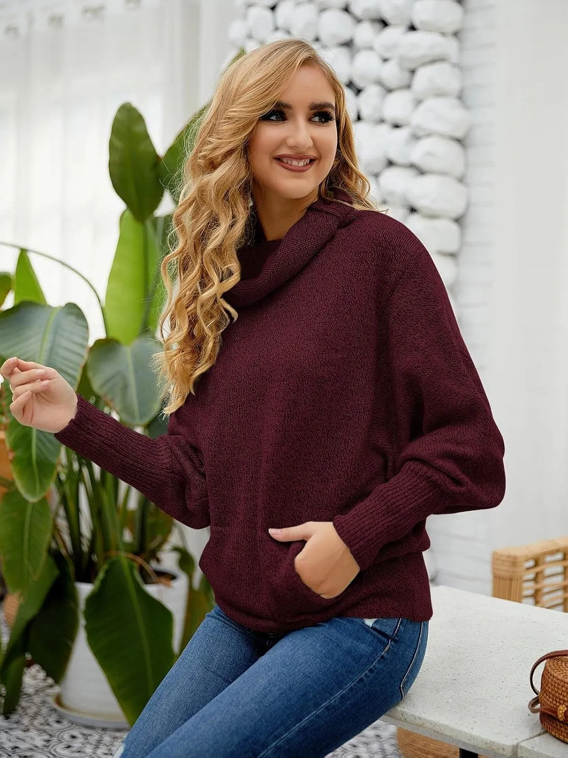 Womens Cowl Neck Pullover Sweaters with Pockets Lantern Long Sleeve Knit Casual Loose Bat Tunic Jumper Tops