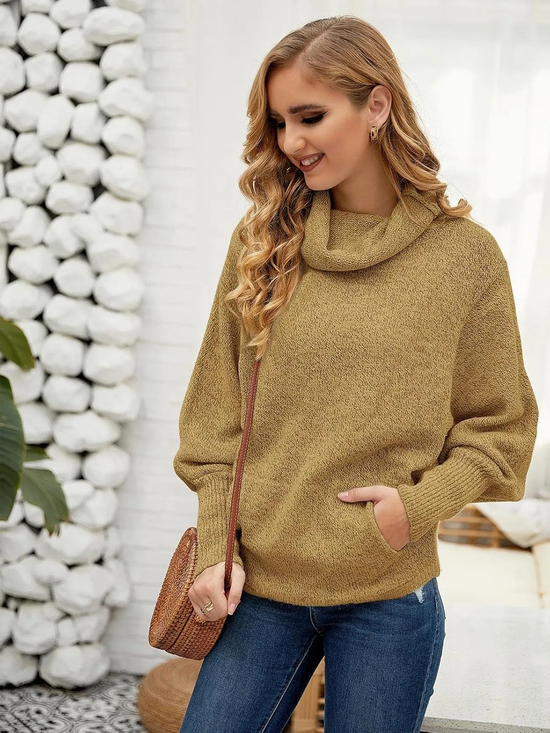 Womens Cowl Neck Pullover Sweaters with Pockets Lantern Long Sleeve Knit Casual Loose Bat Tunic Jumper Tops