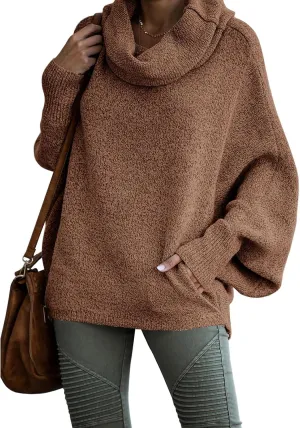 Womens Cowl Neck Pullover Sweaters with Pockets Lantern Long Sleeve Knit Casual Loose Bat Tunic Jumper Tops