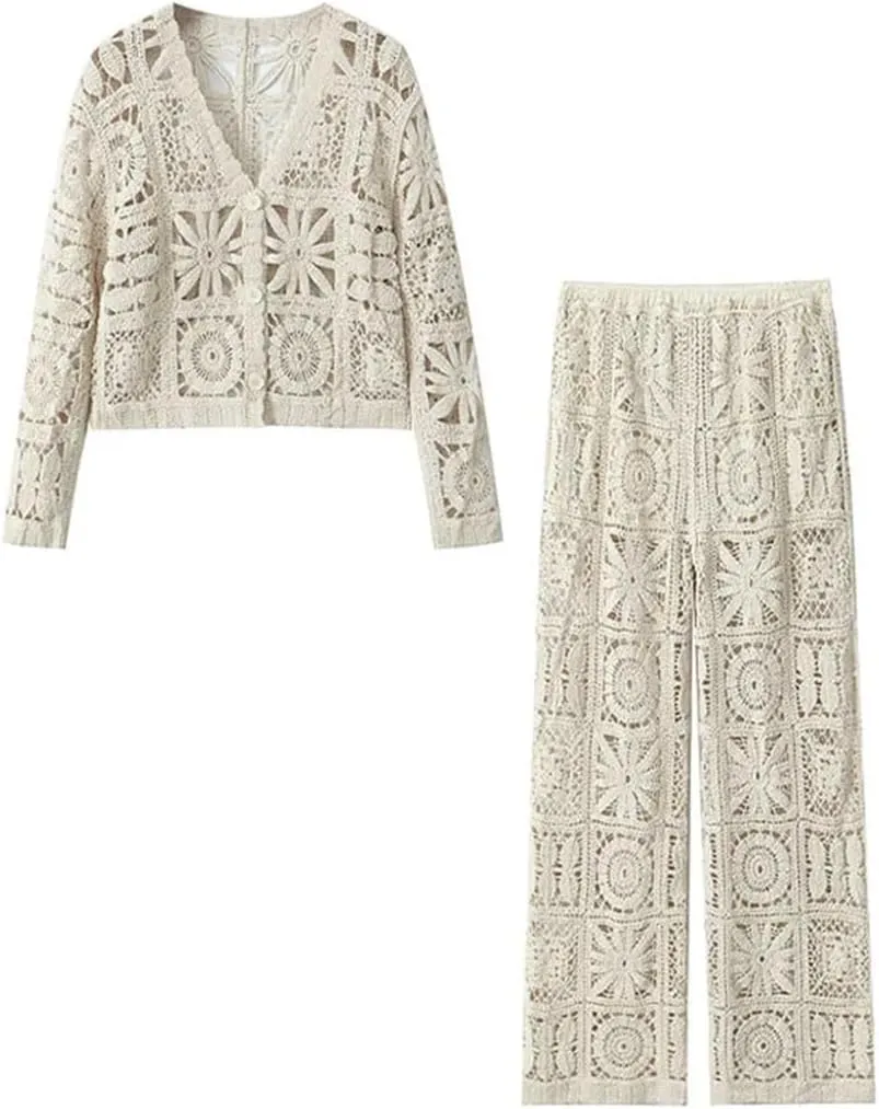 Women's Crocheted Hollow V-Neck Long-Sleeved Single-Breasted 2-Piece Set Elastic Waist Pant