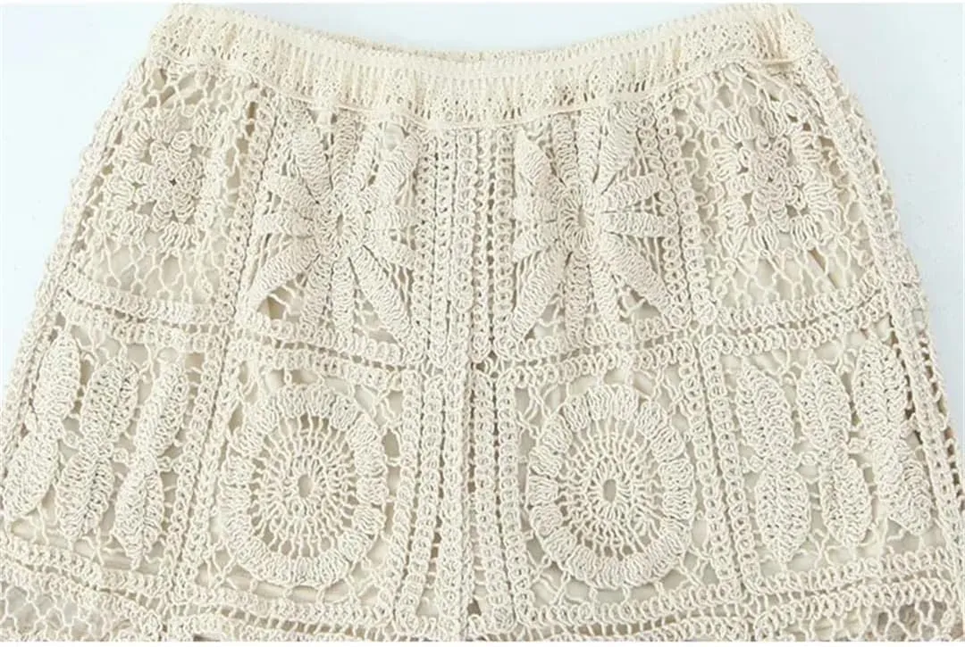 Women's Crocheted Hollow V-Neck Long-Sleeved Single-Breasted 2-Piece Set Elastic Waist Pant
