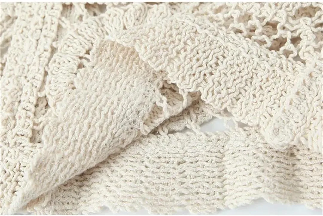 Women's Crocheted Hollow V-Neck Long-Sleeved Single-Breasted 2-Piece Set Elastic Waist Pant
