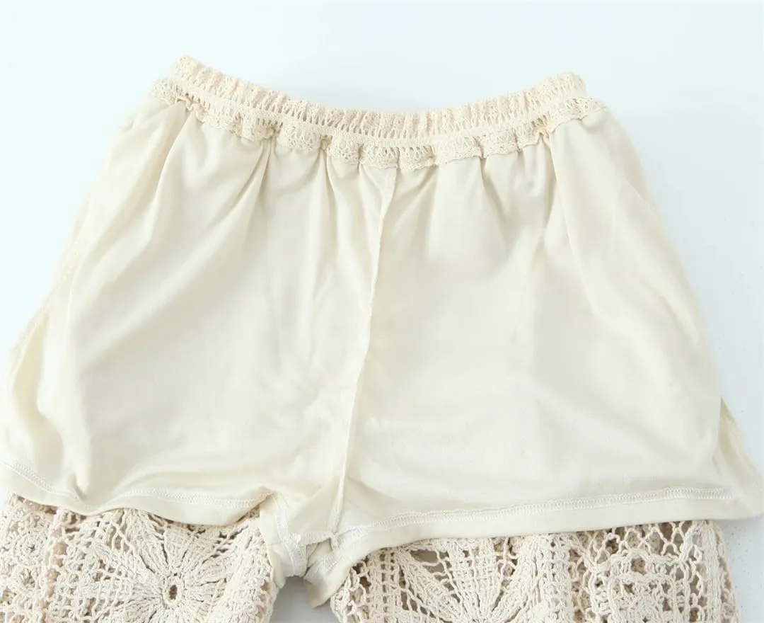 Women's Crocheted Hollow V-Neck Long-Sleeved Single-Breasted 2-Piece Set Elastic Waist Pant