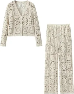 Women's Crocheted Hollow V-Neck Long-Sleeved Single-Breasted 2-Piece Set Elastic Waist Pant
