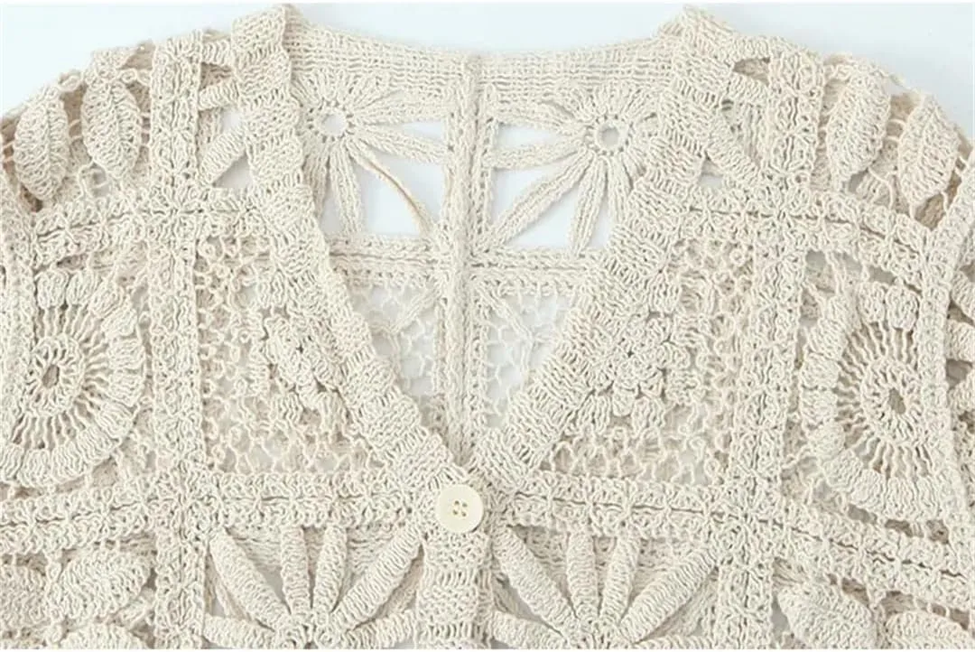 Women's Crocheted Hollow V-Neck Long-Sleeved Single-Breasted 2-Piece Set Elastic Waist Pant