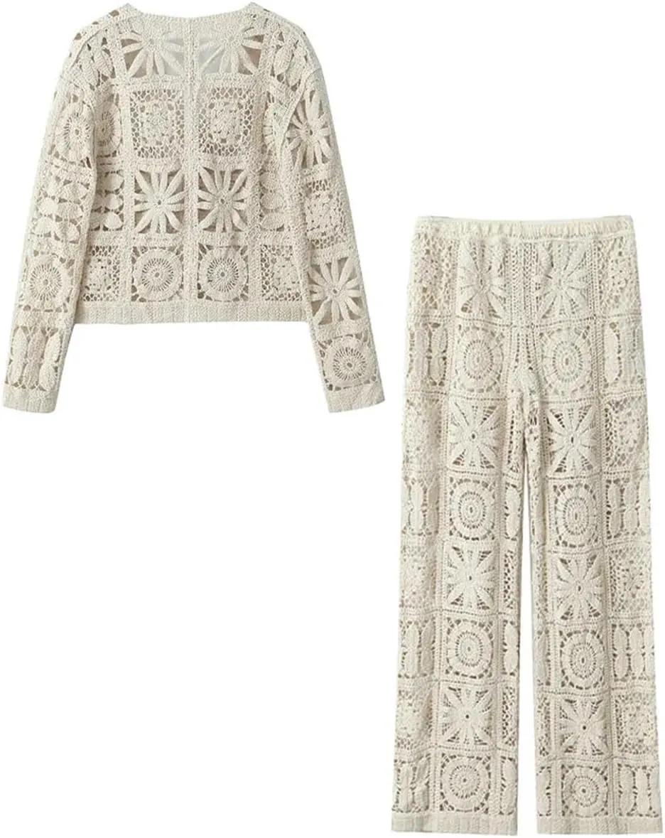 Women's Crocheted Hollow V-Neck Long-Sleeved Single-Breasted 2-Piece Set Elastic Waist Pant