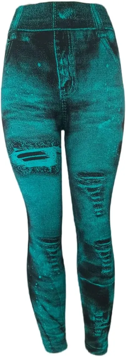 Womens Denim Print Leggings Fake Jeans Seamless High Waist Full Length Ripped Tights Elastic Slim Fit Gym Yoga Pants