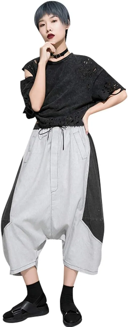 Women's Elastic Waist Contrast Color Drop Crotch Harem Pants