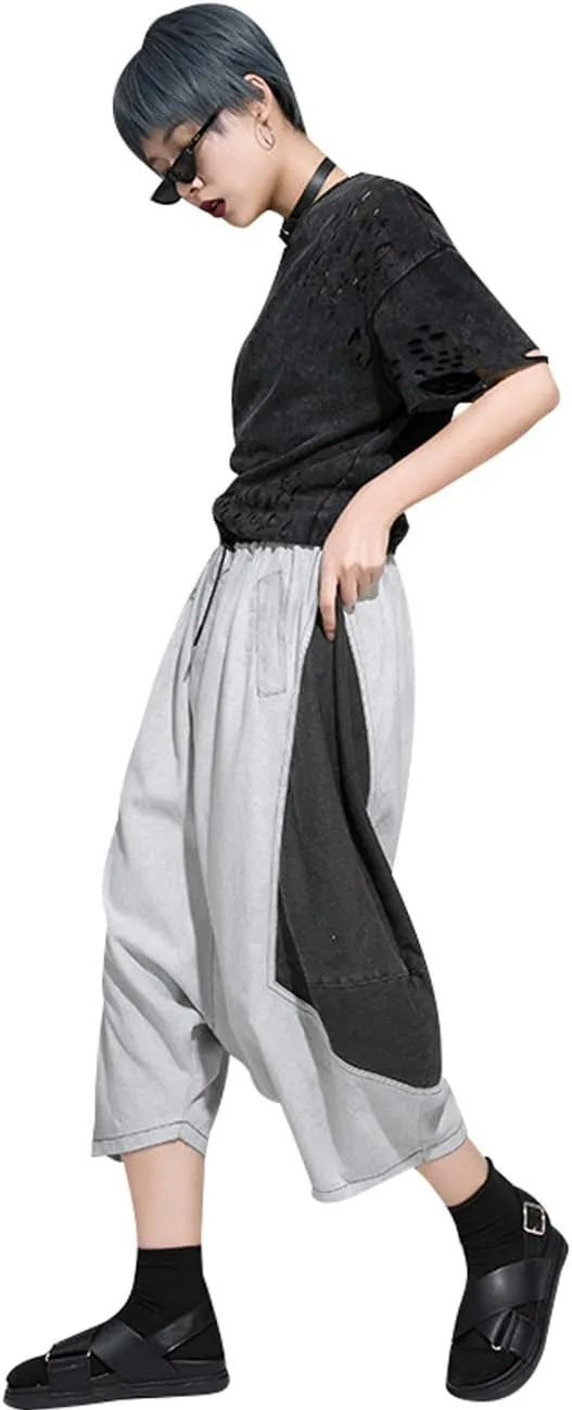 Women's Elastic Waist Contrast Color Drop Crotch Harem Pants