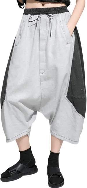 Women's Elastic Waist Contrast Color Drop Crotch Harem Pants