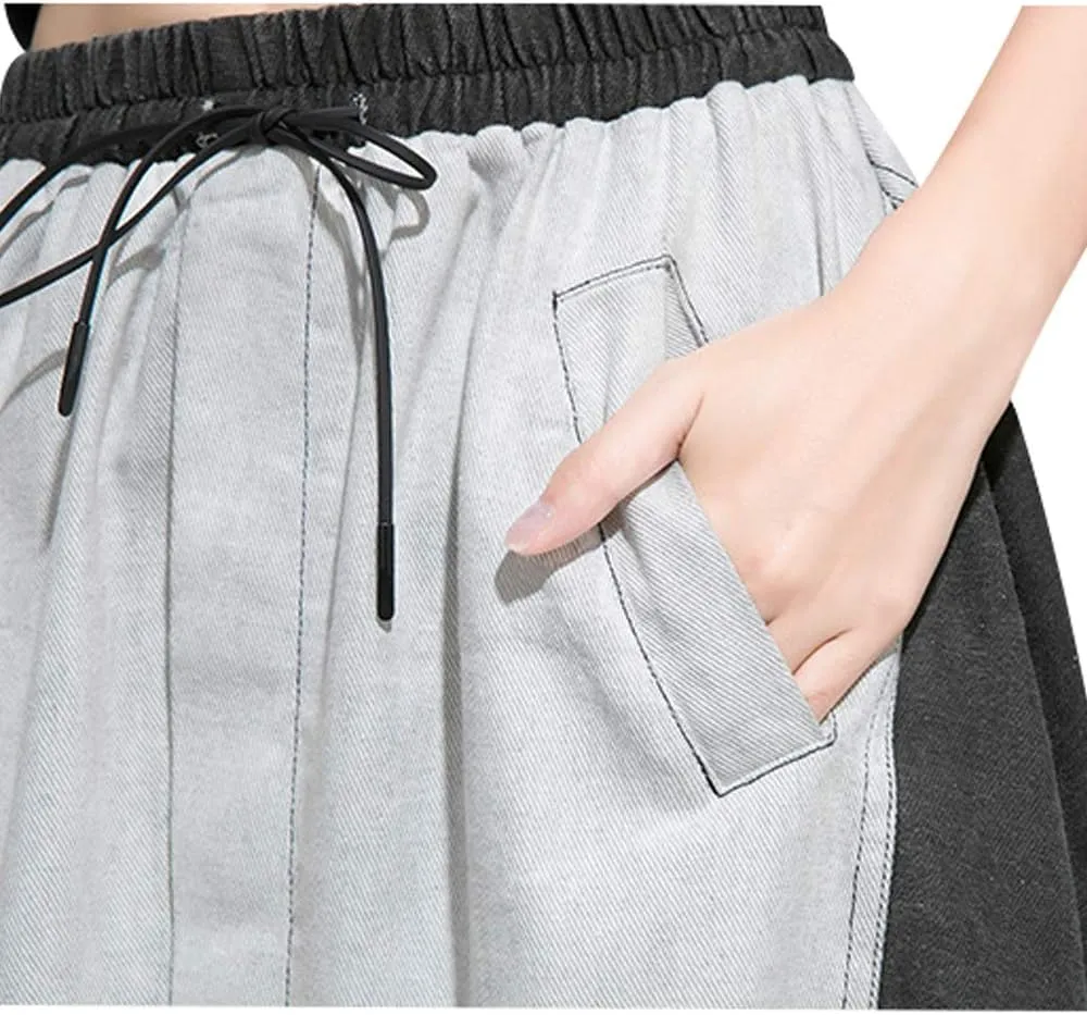 Women's Elastic Waist Contrast Color Drop Crotch Harem Pants