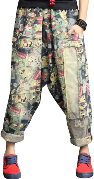 Women's Elastic Waist Harem Pants Drop Crotch Ripped Jeans Style 6