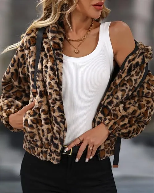 Women's Faux Fur Crop Coat Full Zip Fleece Sherpa Jacket with Hood