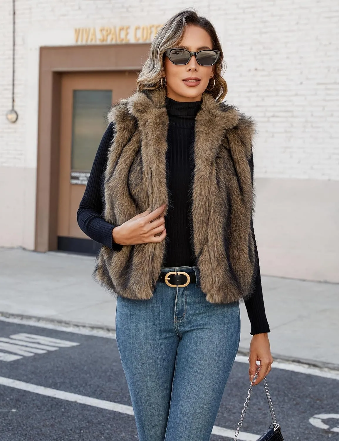 Womens Faux Fur Vest Stand Collar Sleeveless Open Front Cardigan Top Fuzzy Coats Jacket Fluffy Outwear with Pockets